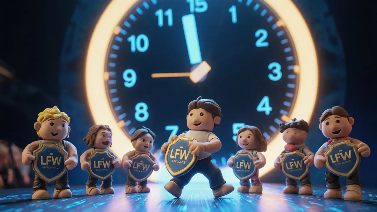 500 tiny clay avatars line up to claim NFTs as a digital clock counts down to zero.