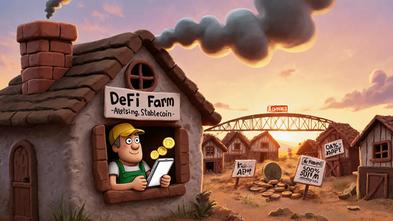 A calm farmer earning rewards at a safe DeFi farm as risky farms collapse.