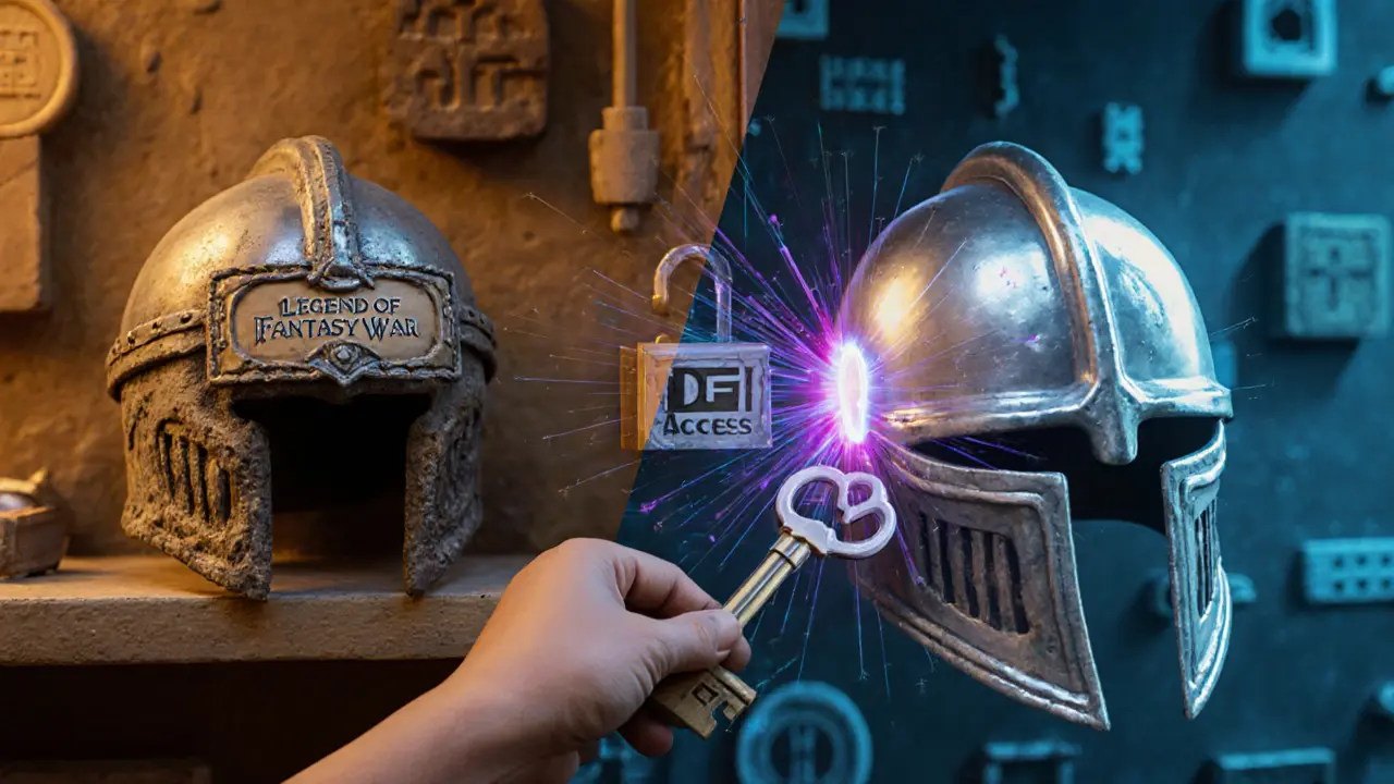 A faded fantasy helmet transforms into a glowing LFW-branded one, with an NFT key unlocking DeFi access.