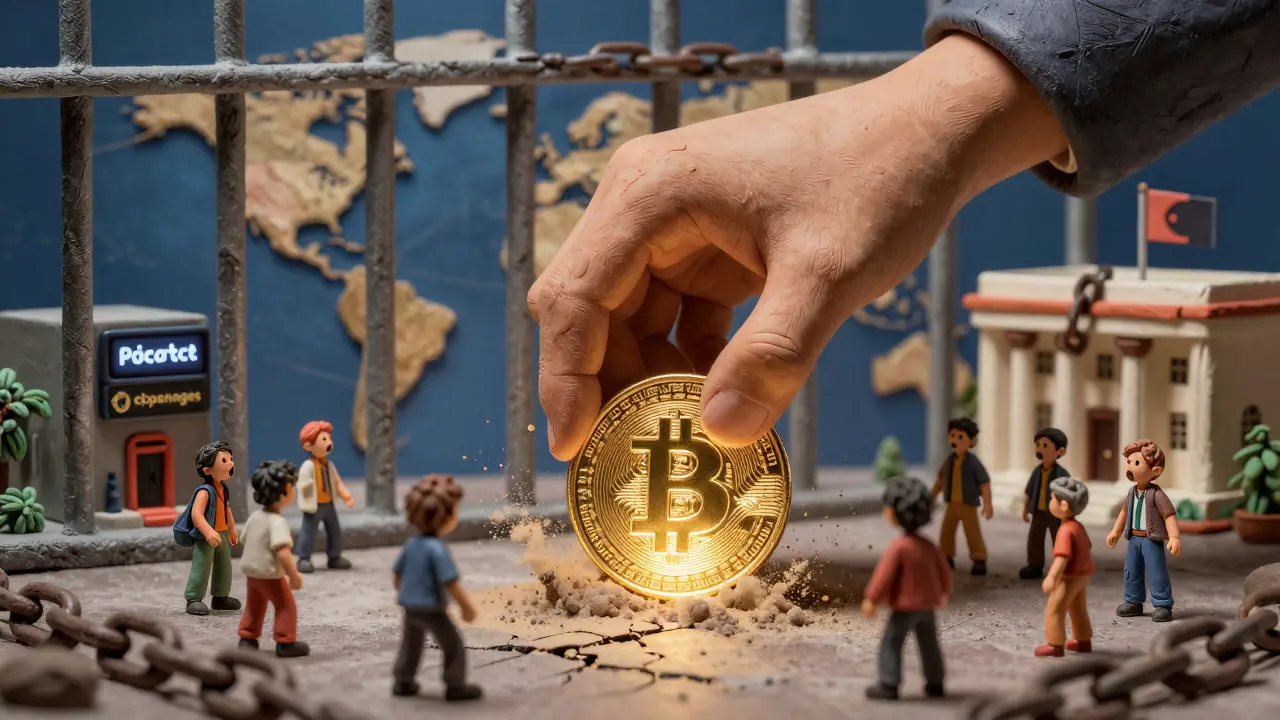 A giant hand crushes a Bitcoin coin while citizens watch in fear.