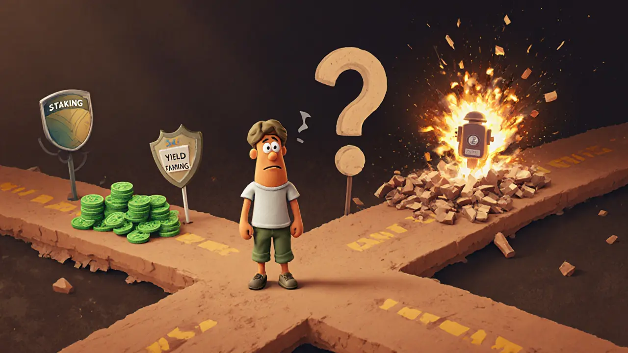 A person choosing between safe staking and risky yield farming paths.