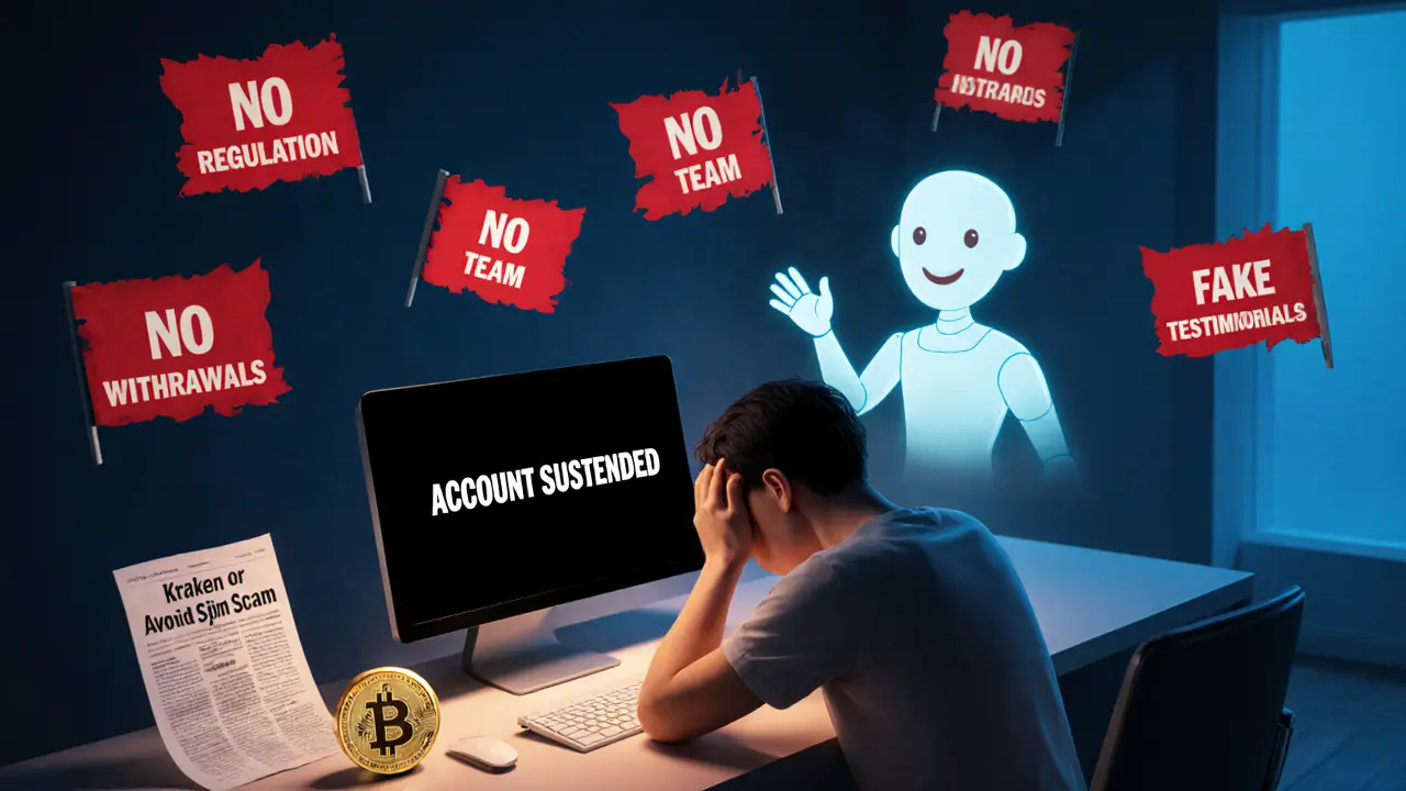 A person grieving over a dark screen while ghostly AI ads float above, surrounded by red warning flags about crypto scams.