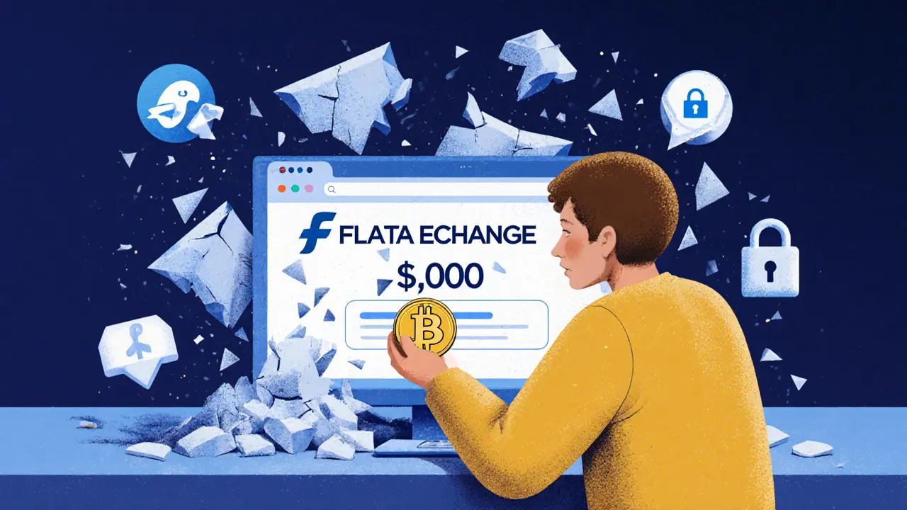 A person staring at a fake crypto balance as the website crumbles into dust behind them.