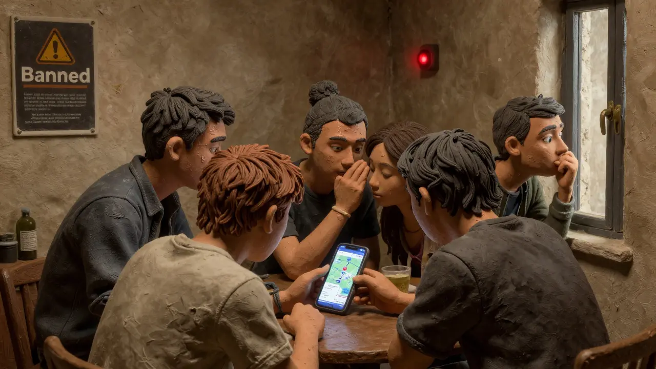A secret group gathers around a phone, fearing detection.
