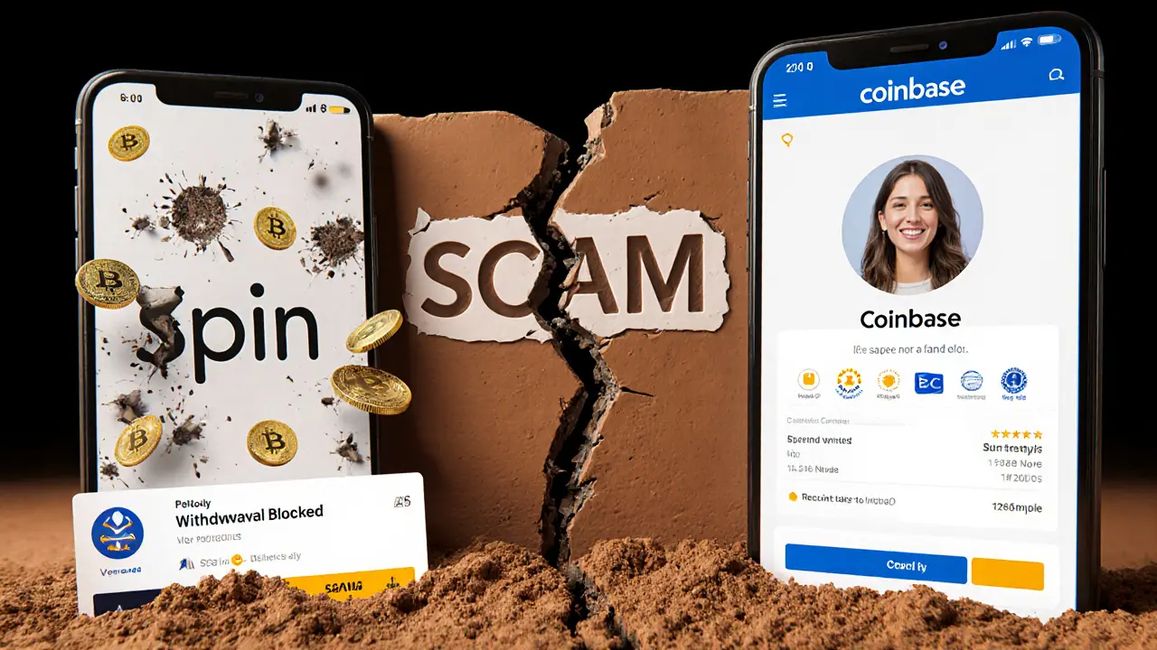 Clay-rendered comparison: chaotic fake Spin app on left, trustworthy Coinbase on right, with a collapsing &#039;SCAM&#039; wall between them.