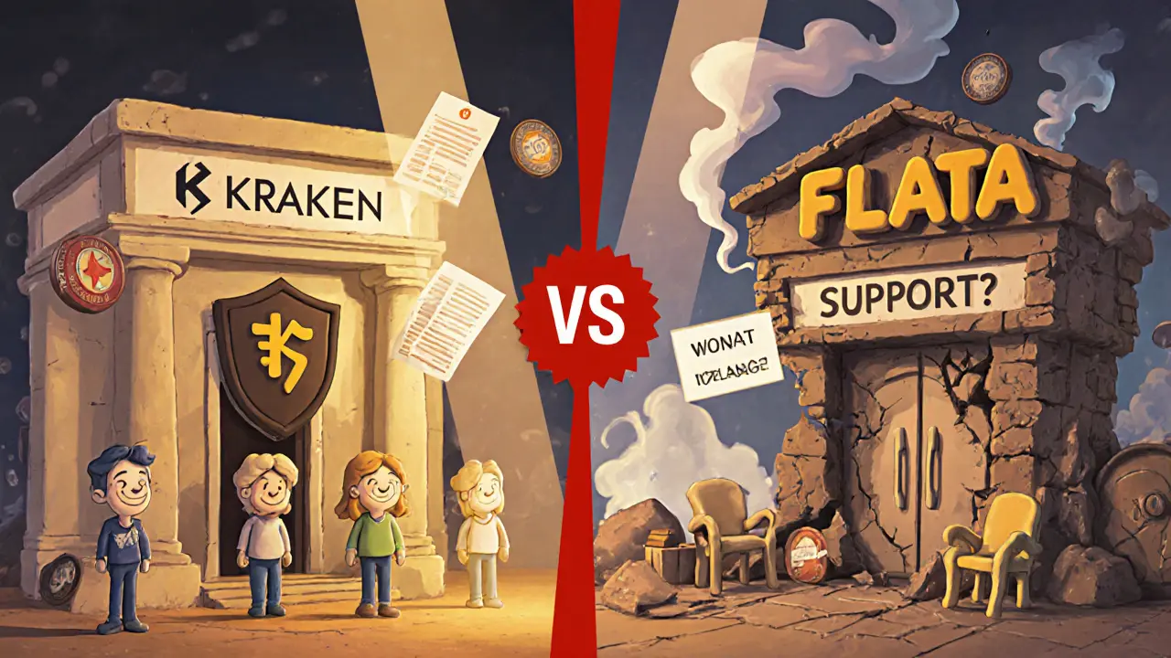 Side-by-side clay illustration comparing a legitimate crypto exchange with a collapsing scam site.