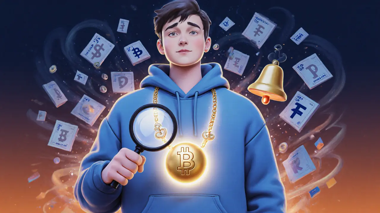 A clay blockchain necklace with glowing on-chain indicators, a trader examining it as futures fall in the background.