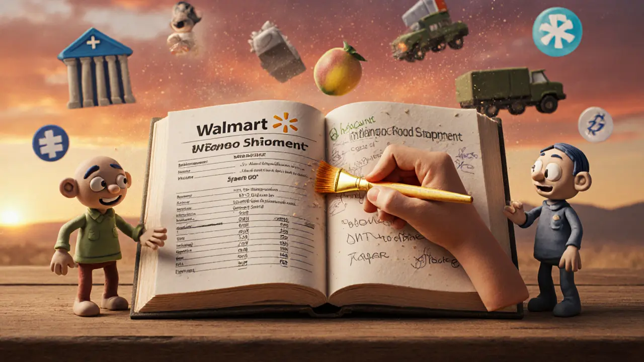 A clay ledger showing a mango shipment, with corrupt figures trying to lie but being erased by consensus.