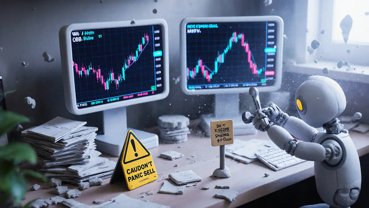 A clay trading desk with three screens showing key Bitcoin indicators and a caution sign against overtrading.