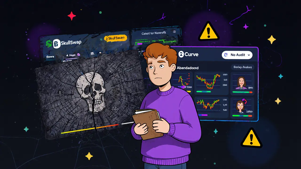 A confused user connected to a dusty SkullSwap screen while vibrant DEXes glow in the background.