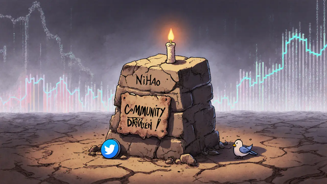 A crumbling monument labeled &#039;NiHao&#039; with a dying candle, surrounded by abandoned social media icons.