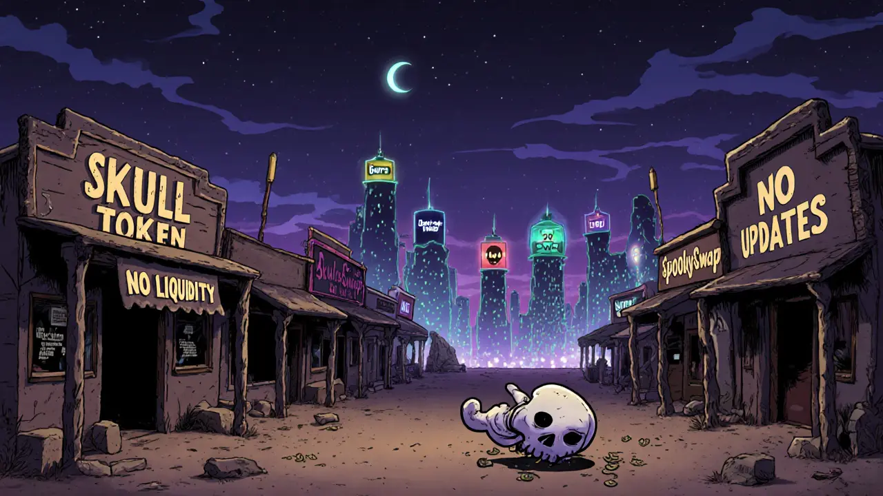 A ghost town of abandoned crypto trading stalls under a twilight sky, with SkullSwap in ruins.