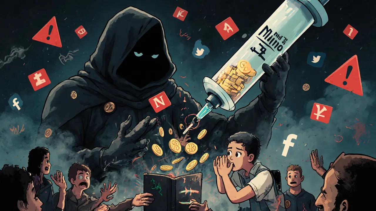 A shadowy figure injecting new coins into terrified investors as wallets dissolve into smoke.