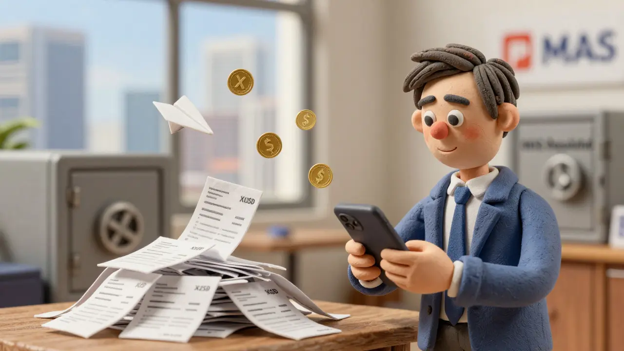 A Singapore business owner converting invoices into XUSD tokens on a smartphone, with a regulated vault in the background.
