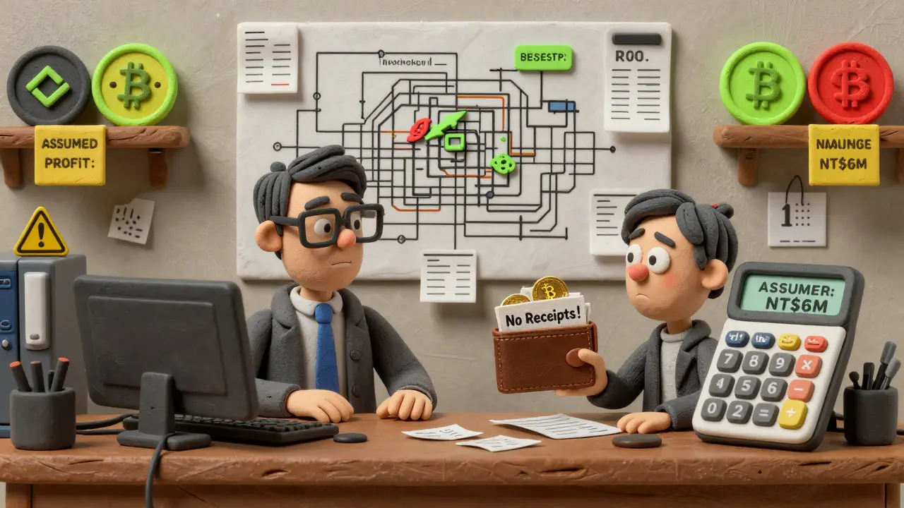 A tax clerk overwhelmed by blockchain receipts and a calculator showing assumed profit in clay style.