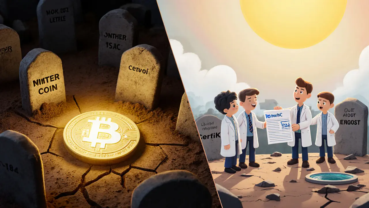 Abandoned scam token in graveyard vs. thriving BorrowBSC project with team and audit.