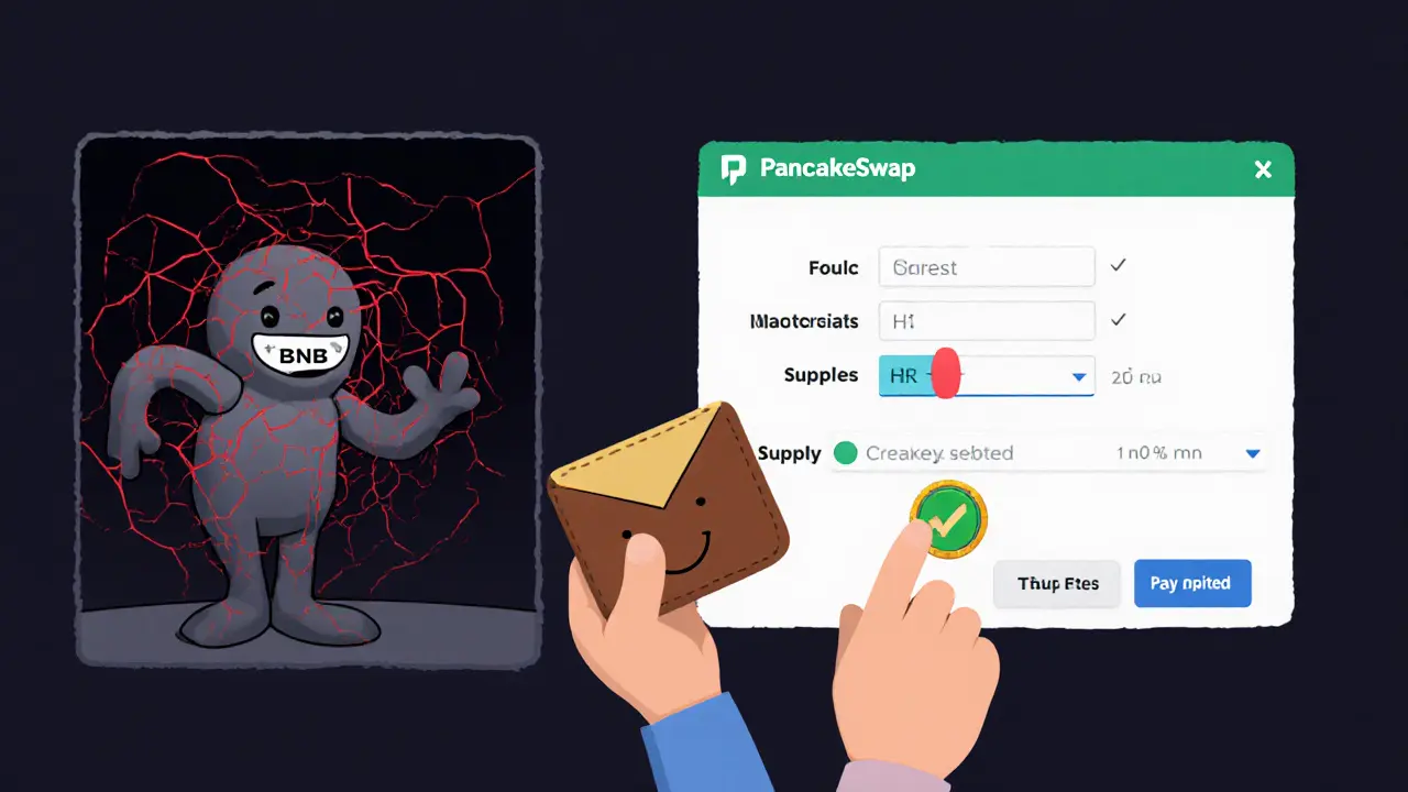 Clay animation showing safe token creation on PancakeSwap with warning signs destroying fake Minter sites.