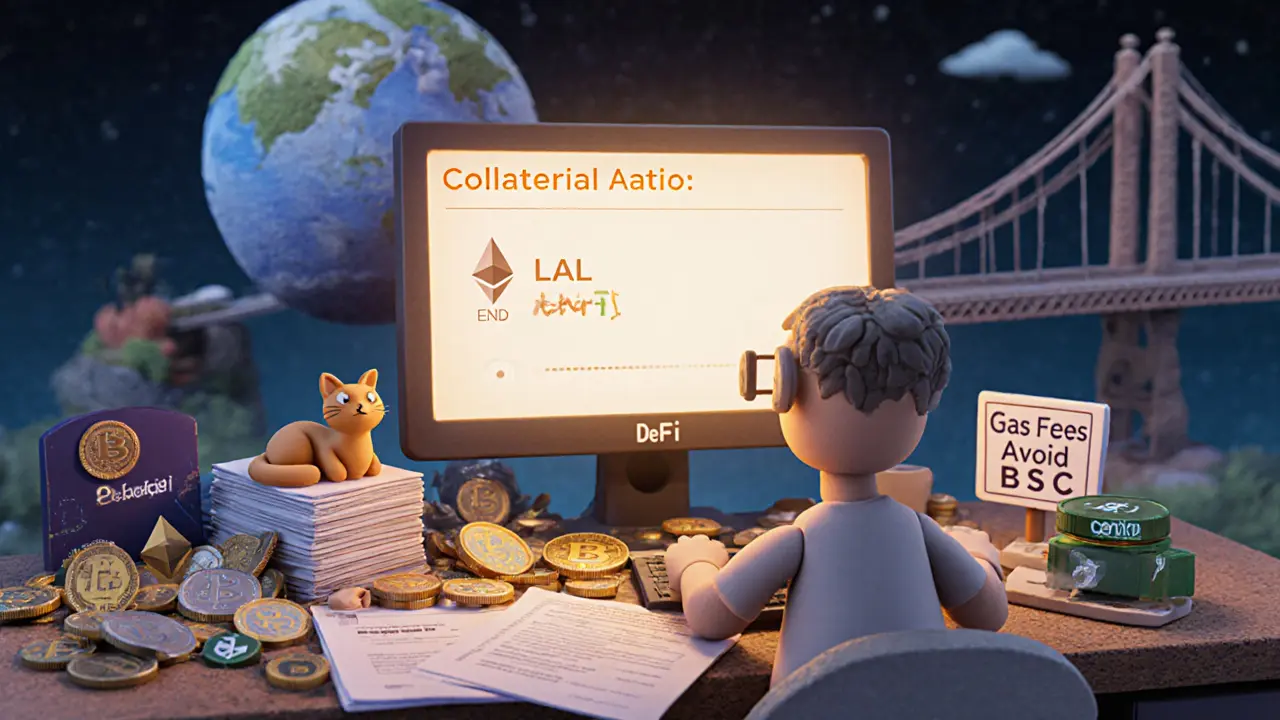 Clay DeFi user surrounded by obscure tokens, checking collateral ratio with audit reports nearby.