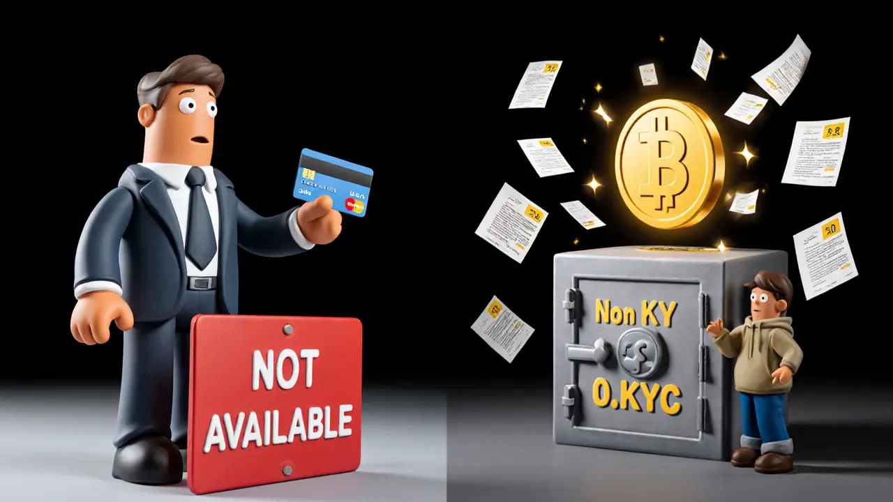 Clay figurines showing blocked fiat access on one side, non-KYC BTC withdrawal on the other