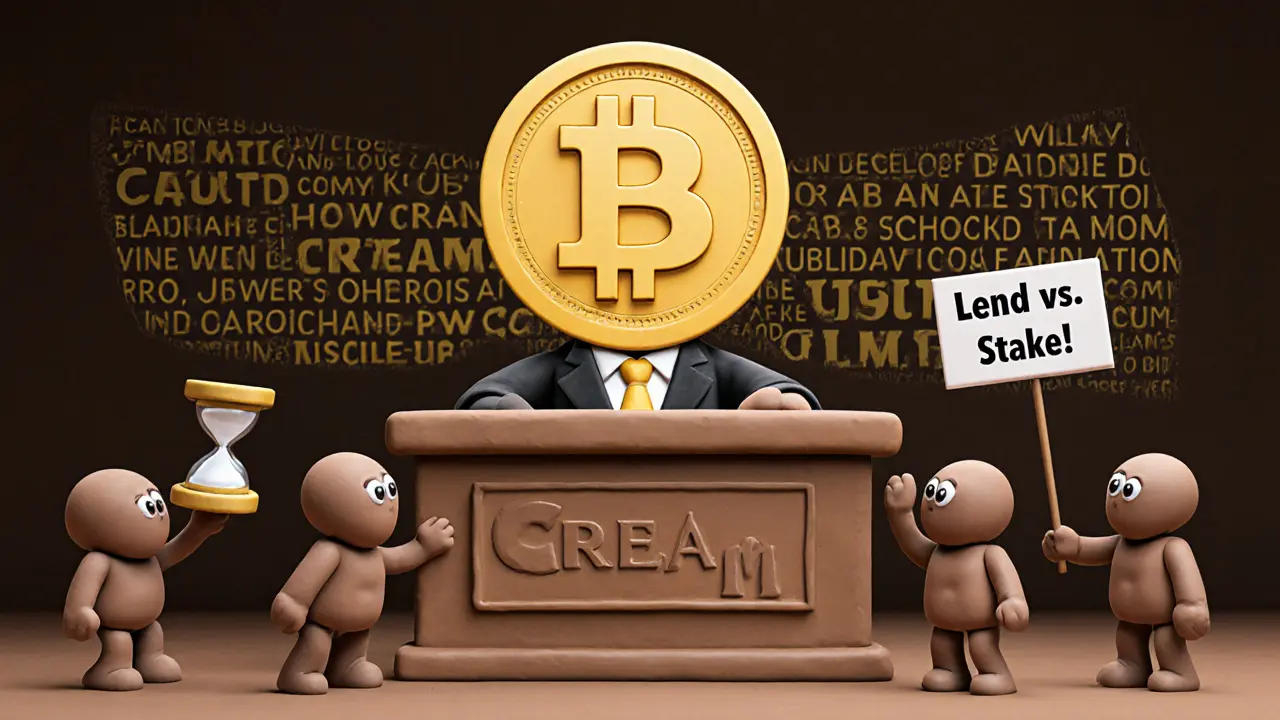 Clay judge CREAM token presiding over users debating long-term staking vs. lending.