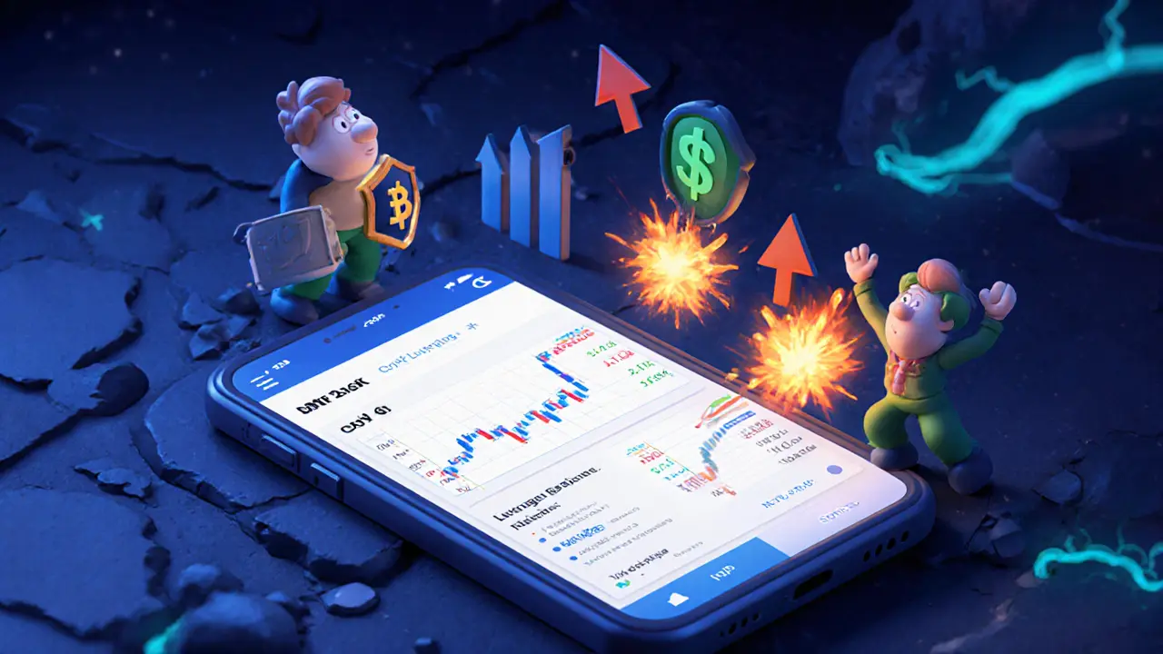 Clay mobile app interface with traders dodging liquidation explosions using leverage tools