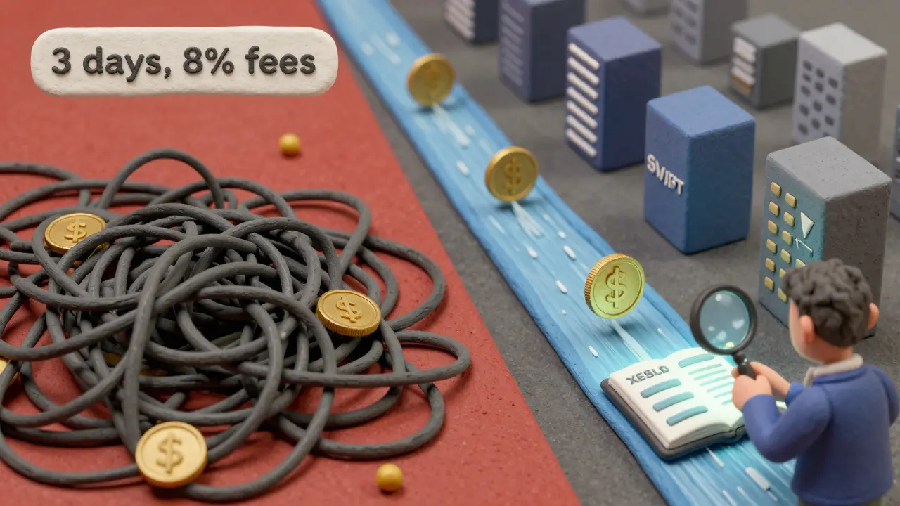 Clay-style comparison: slow SWIFT wires vs. fast XUSD tokens moving on blockchains, with an auditor checking reserves.