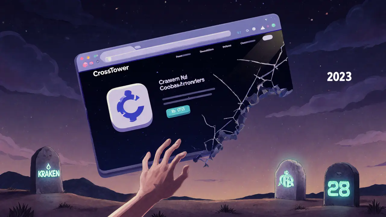 Faded CrossTower website floating in darkness, user&#039;s hand reaching toward it, while other exchanges glow in distance.