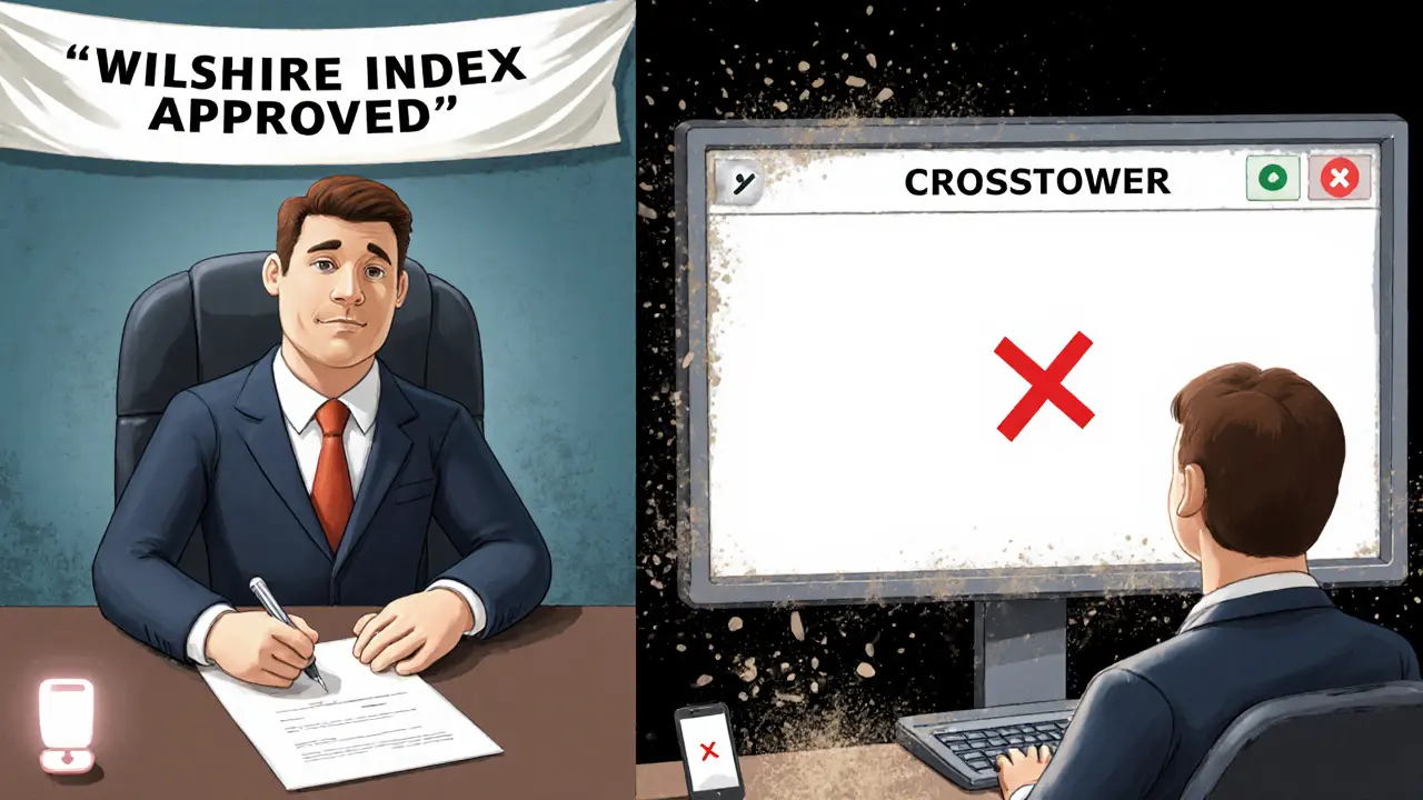 Hedge fund manager signing contract with Wilshire Index on one side, facing blank CrossTower screen on the other.
