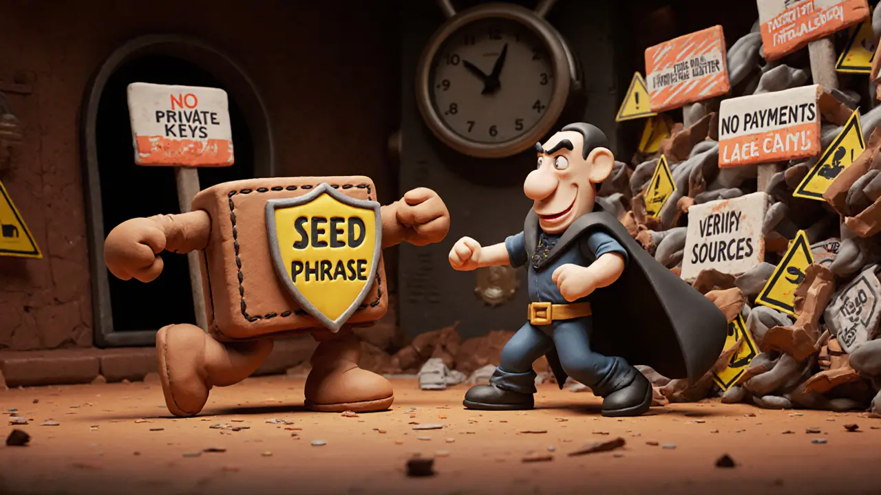 Heroic wallet defending against scam villain with warning signs and MDX vault in background.