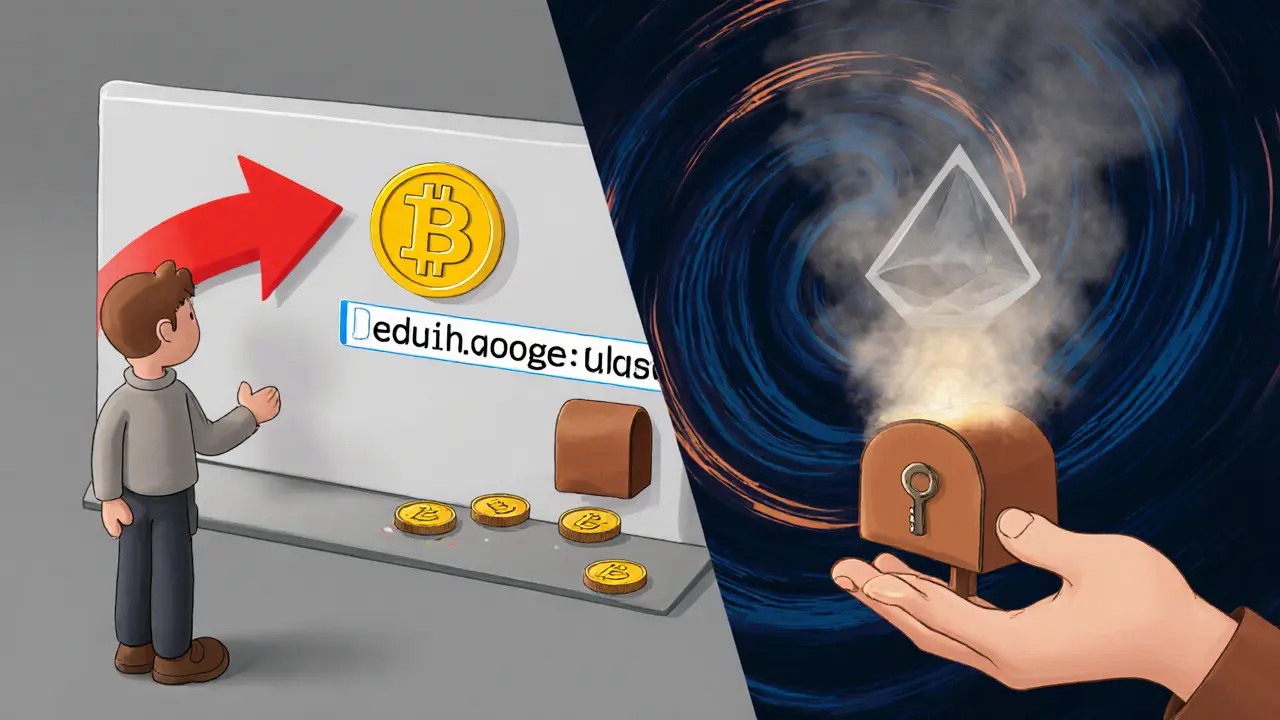 Side-by-side comparison: Bitcoin’s visible address vs. Monero’s hidden stealth mailbox dissolving into mist.