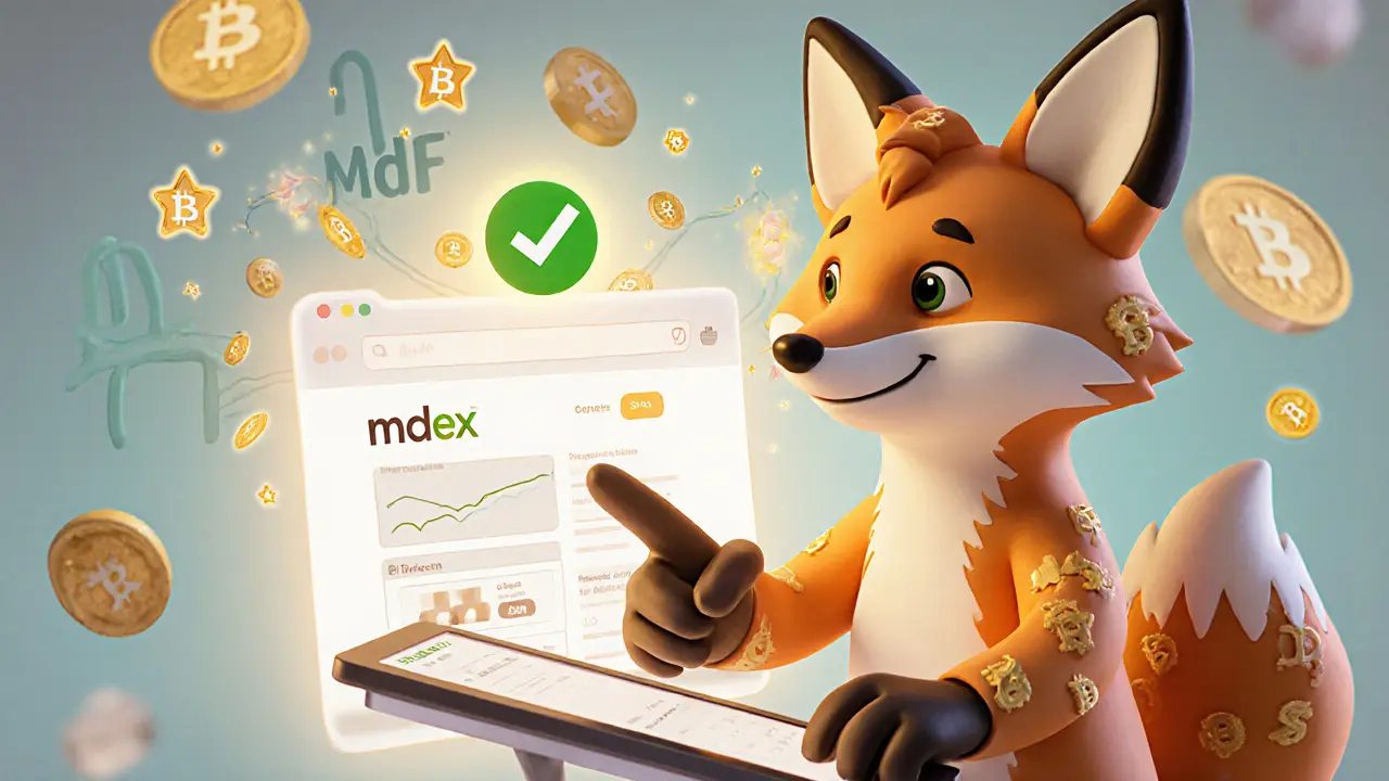 User safely adding liquidity to MDX pools with friendly Mdex mascot and official website visible.