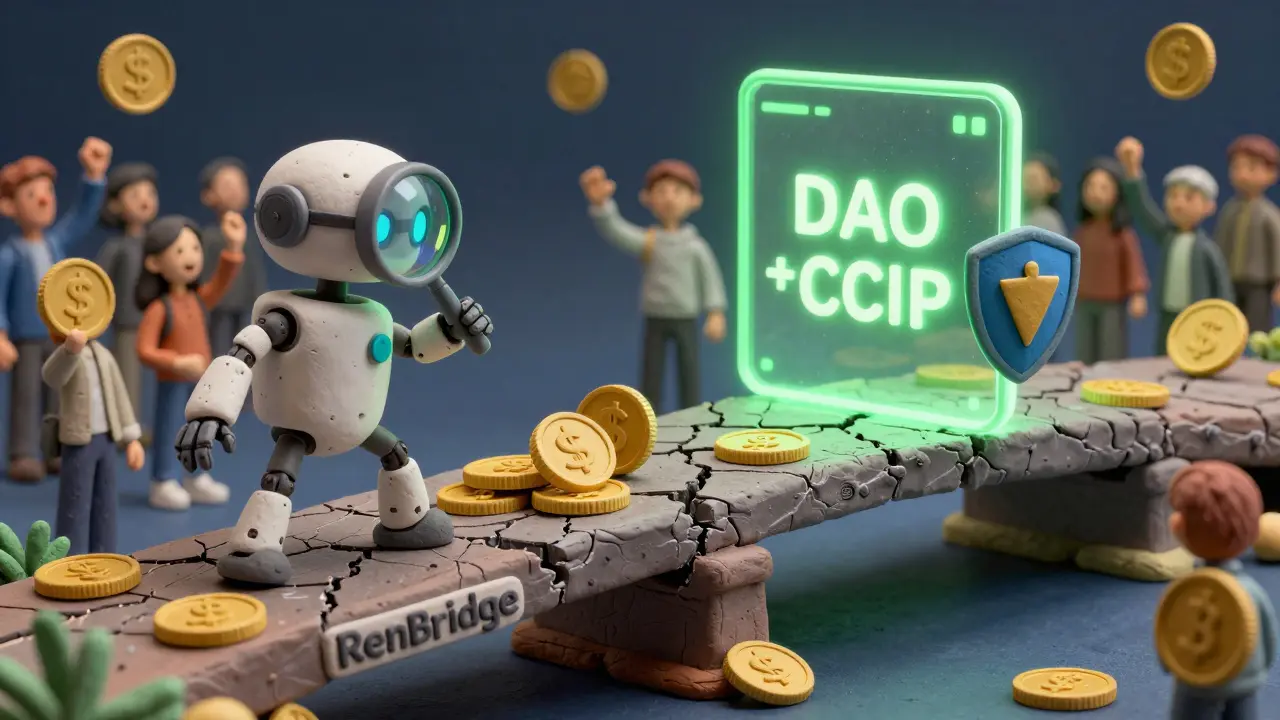 A broken bridge with trapped coins beside a new secure bridge, guarded by an audit robot in clay style.