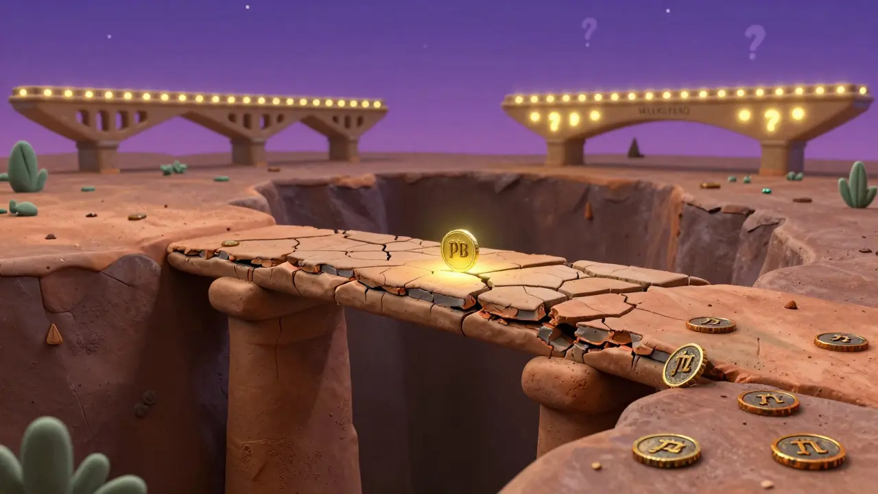 A broken clay bridge with one glowing PIB token, surrounded by unused Pi coins and distant rival bridges.