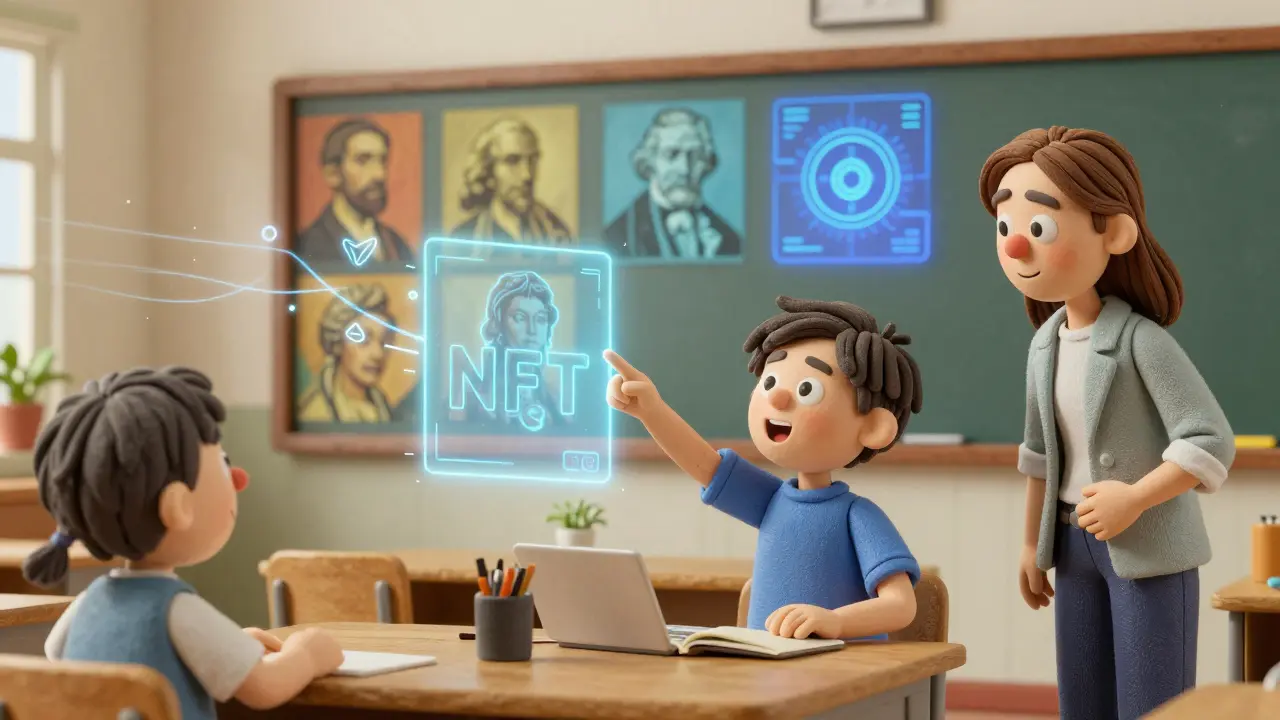 A child and teacher watch a classroom NFT painting evolve as students vote on its changes.