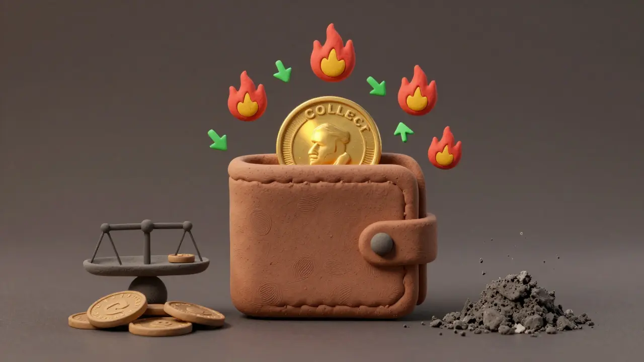 A clay wallet with COLLECT tokens being destroyed by burn symbols and buyback arrows.