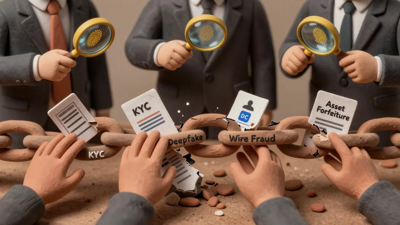 A crumbling blockchain with legal and fraud labels, as hands try to rebuild it with legitimate alternatives.