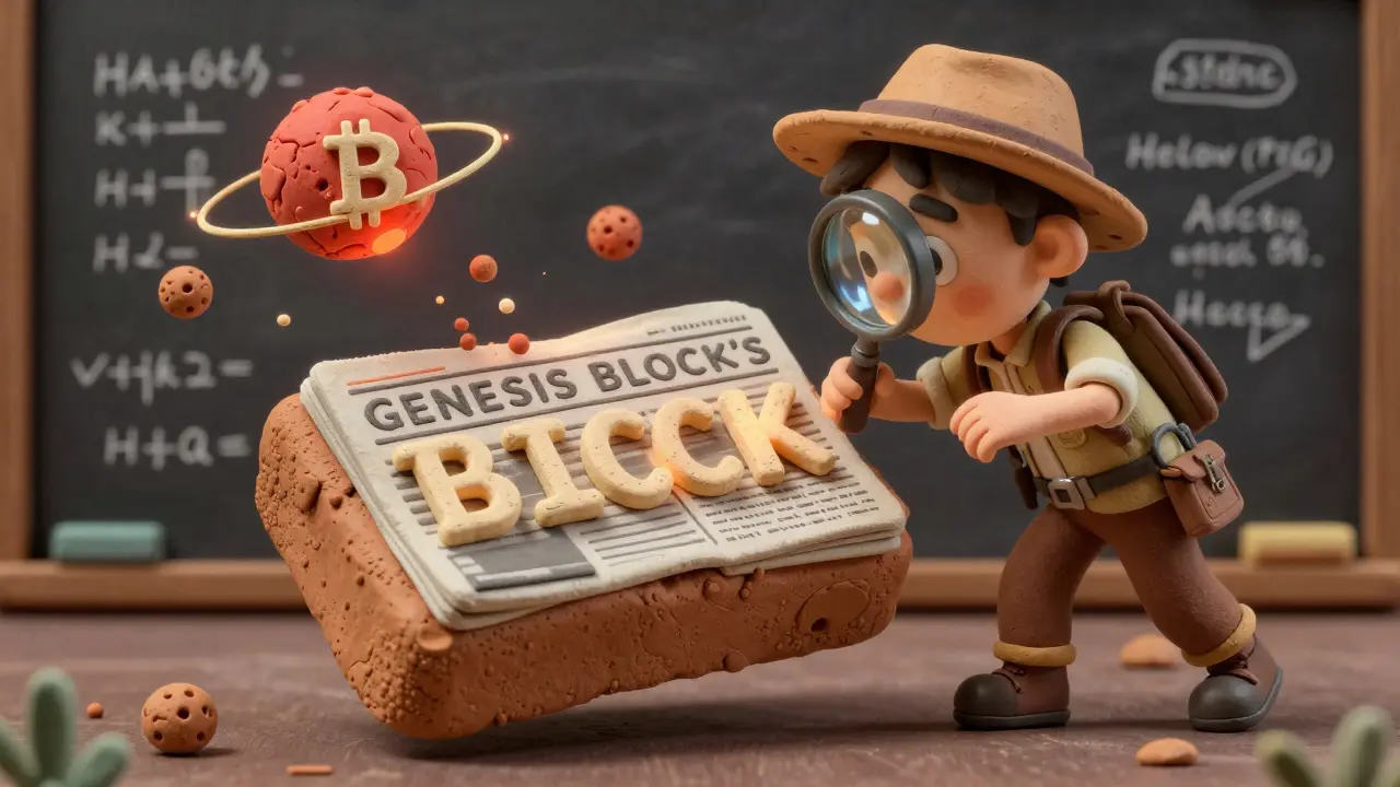 A curious explorer examining a floating clay block explorer displaying the genesis block&#039;s hidden message.