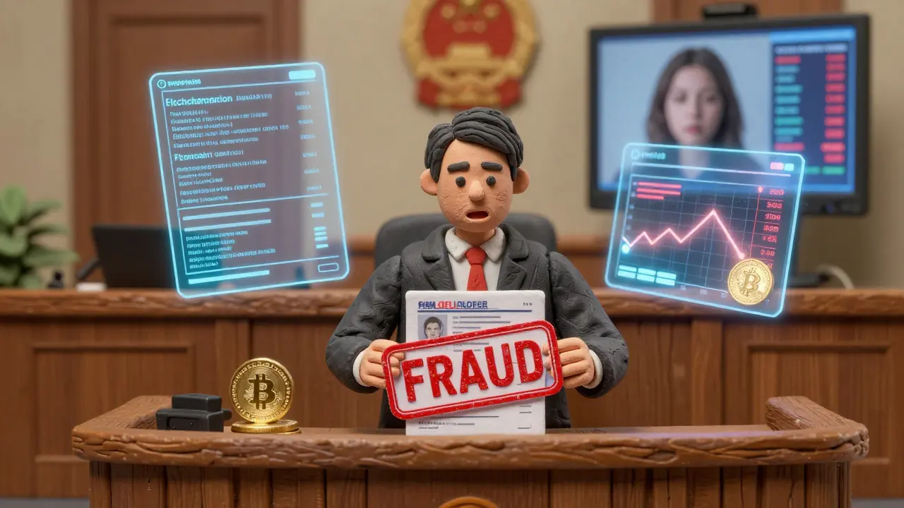 A defendant in court surrounded by holograms of crypto transactions and seized assets under a giant fraud stamp.
