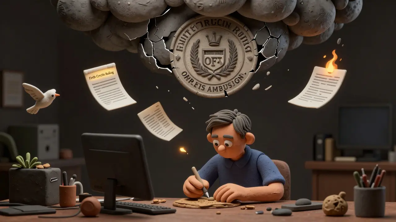 A developer sculpting a smart contract as a crumbling OFAC seal looms overhead in clay illustration style.