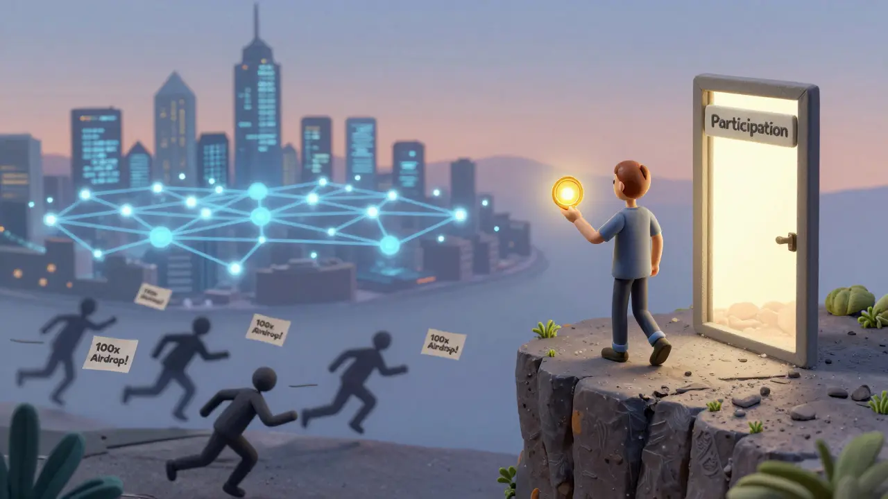 A figure walks away from hype toward a door labeled 'Participation' as a digital city of identity nodes glows behind them.