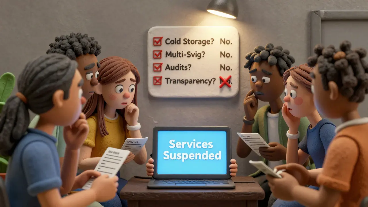 A group of users stare at a &#039;Services Suspended&#039; screen, with a checklist showing failed security practices.