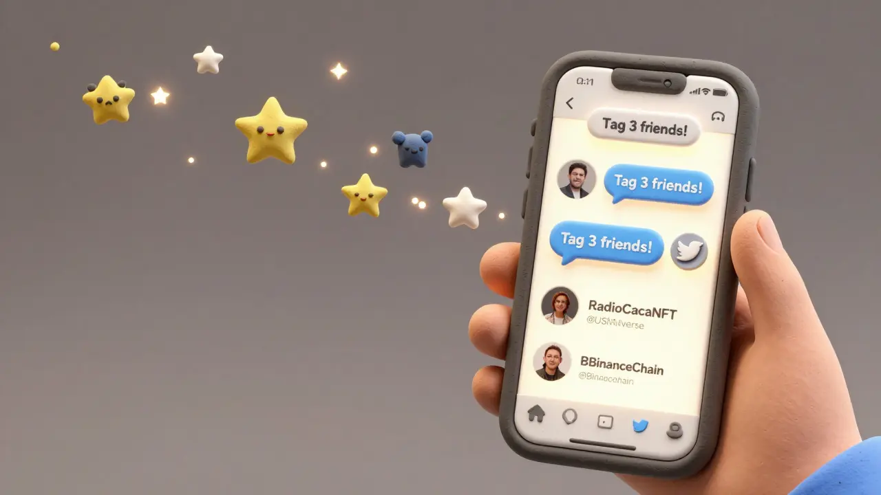 A hand holding a phone showing Twitter airdrop steps, with RACA tokens rising like a glowing trail.