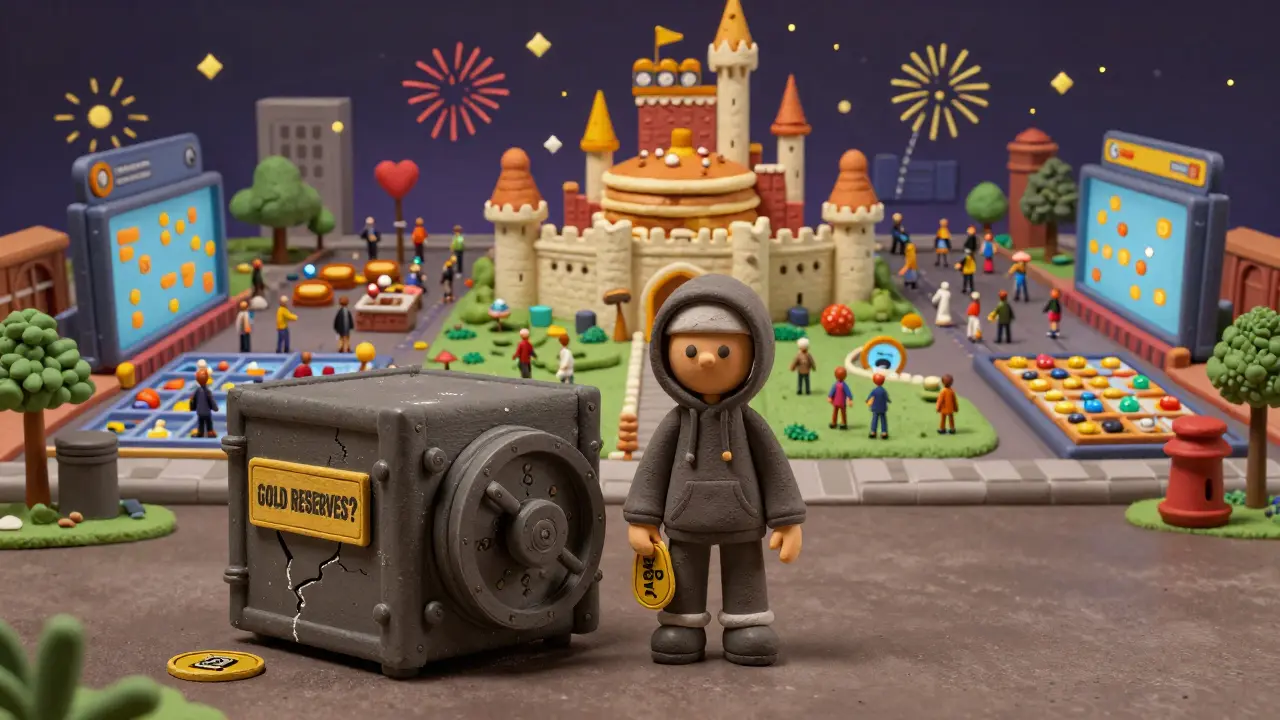 A lone figure stands beside an unverified gold vault while a bustling PancakeSwap castle towers behind.