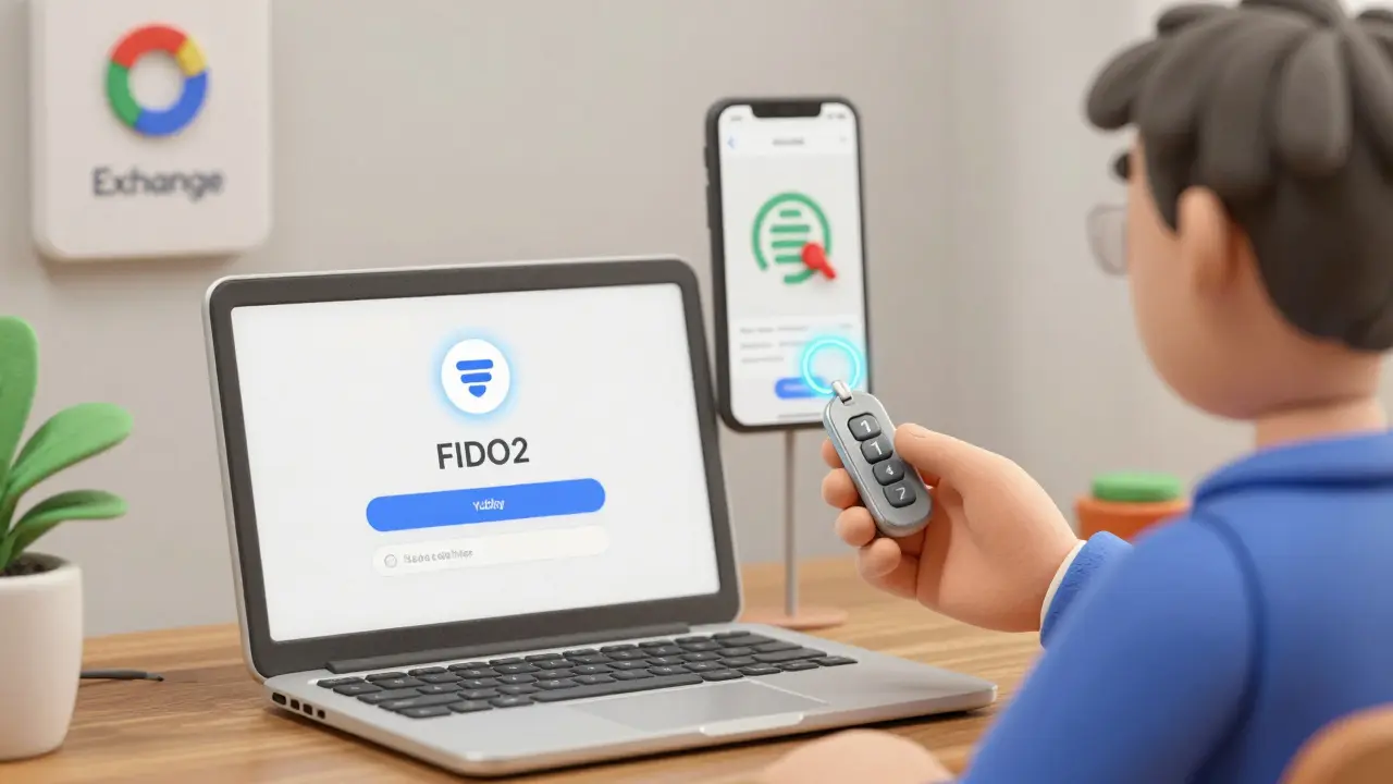 A person using a YubiKey to log in securely, with SMS and phone-based 2FA shown as outdated options.