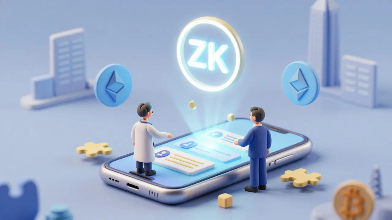 A smartphone verifies private data for a doctor, voter, and banker using ZK technology.