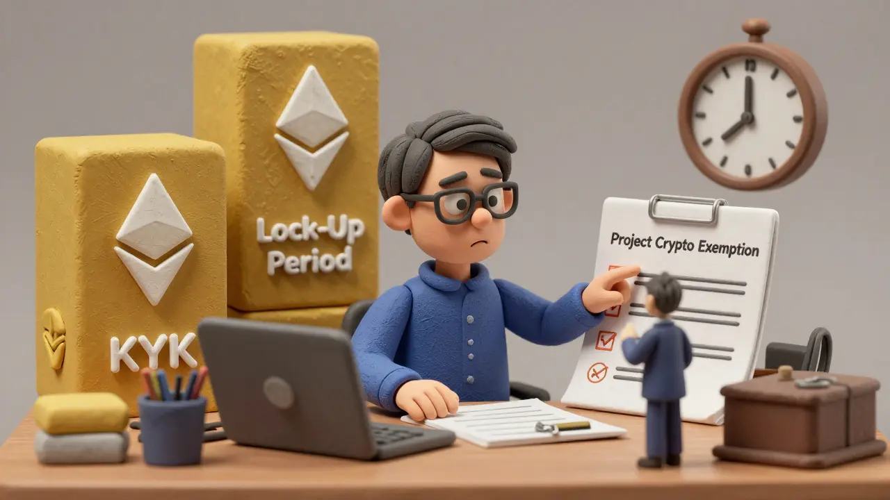 A startup founder surrounded by blockchain blocks and legal checklists, under the shadow of a three-year deadline.