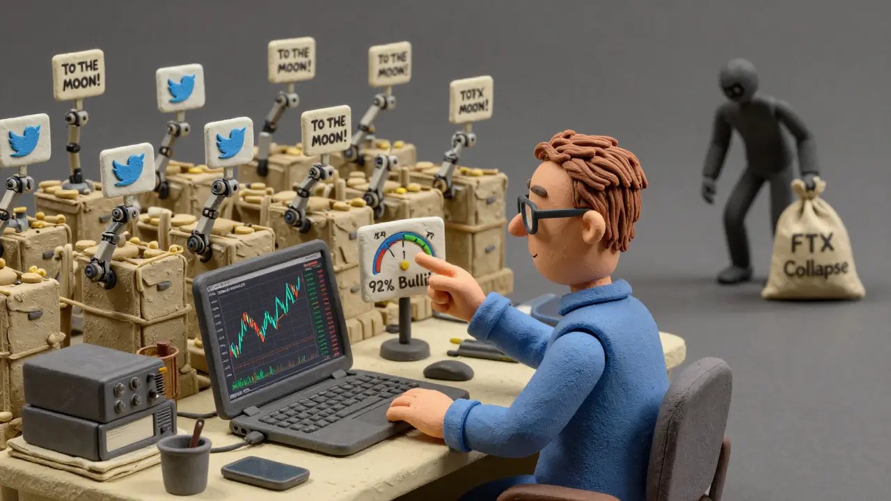 A trader watches a chart as fake social media bots spam bullish messages behind them.