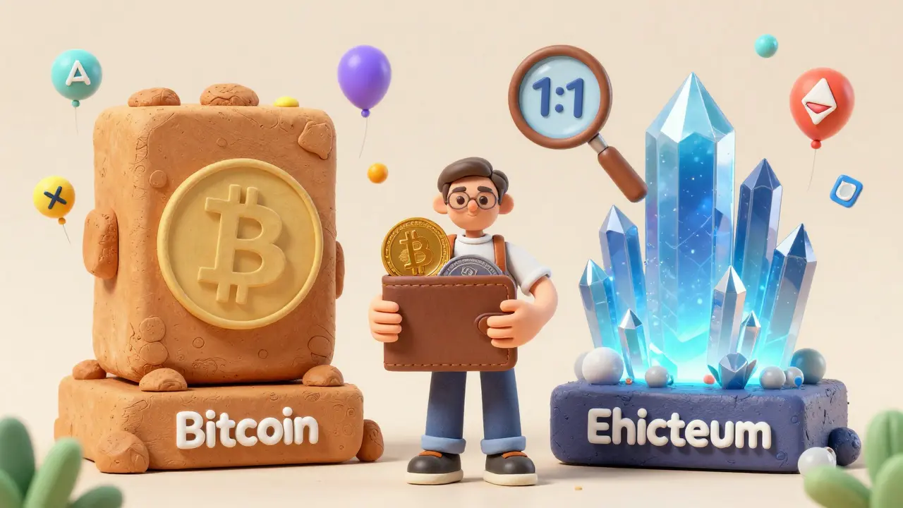 A user balancing Bitcoin and WBTC between two clay-and-crystal blockchains with DeFi icons floating around.