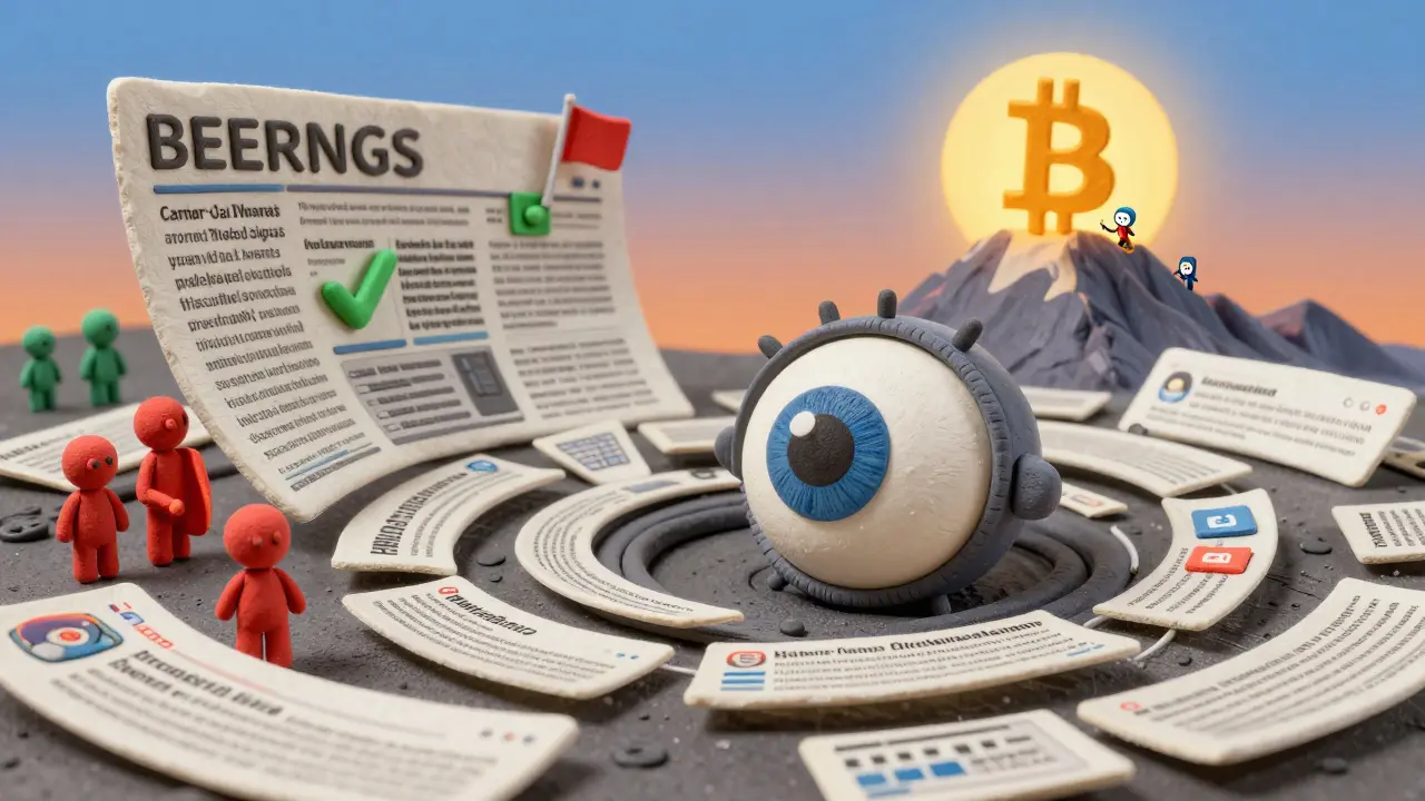 An AI eye analyzes crypto sentiment, flagging bots and spotting genuine market fear and greed.