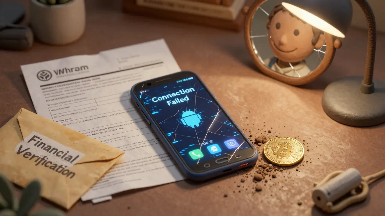 Broken phone shows 'Connection Failed' amid withdrawal forms and a buried Bitcoin in clay dust.